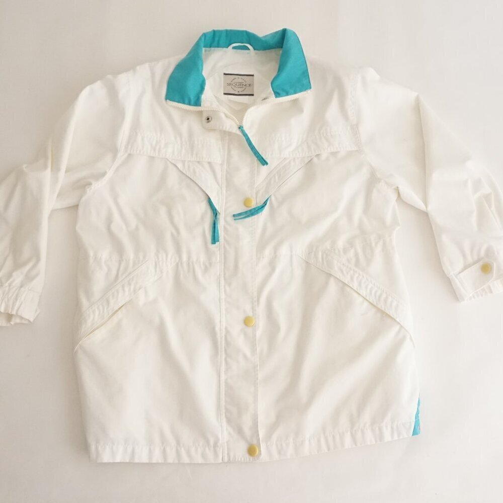 Vintage Sequence White w Teal Trim Cotton Zip Up Nylon Lined Utility Jacket XL